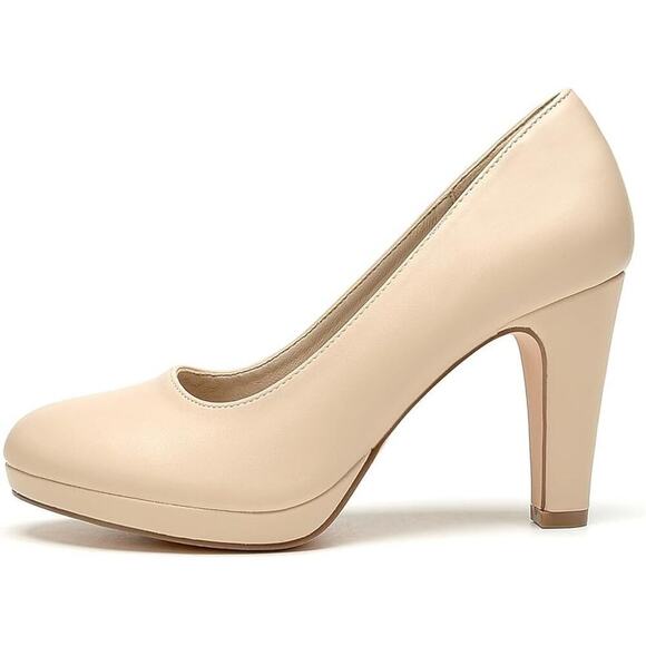 WuORW Women's Round Toe Low Platform High Heel Pump Office Work Dress Nude - Picture 3 of 6